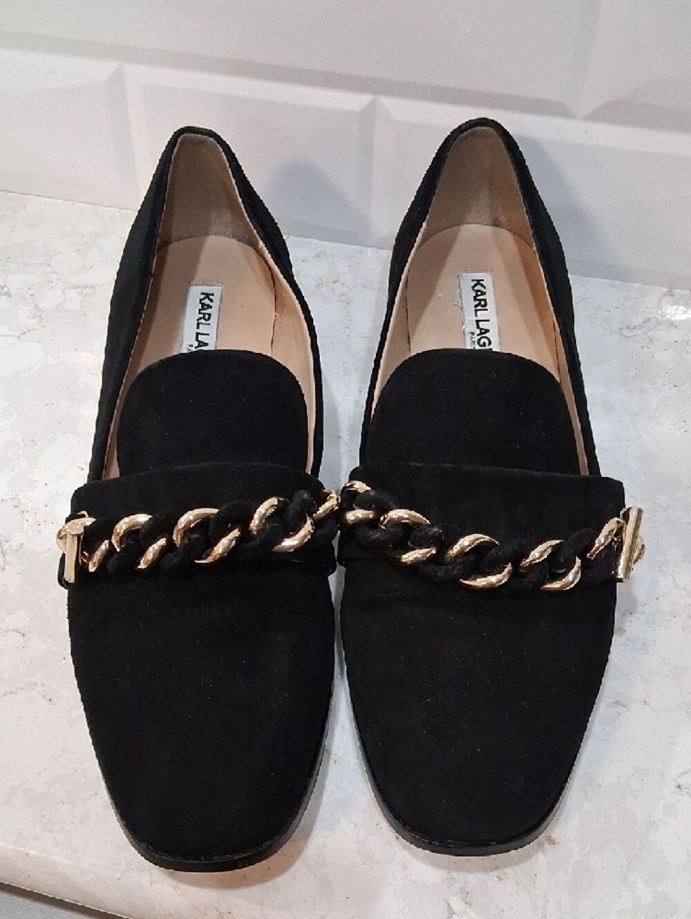 Karl Lagerfeld Paris Lynette Black Suede Loafers with Gold Chain Accent